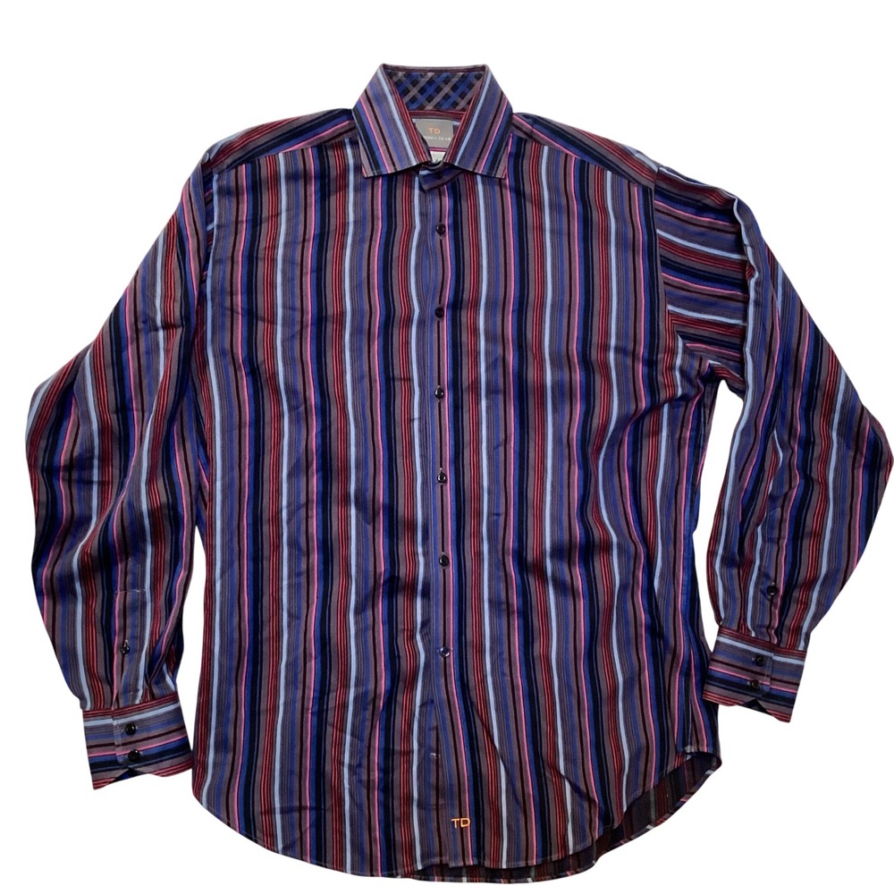 Thomas Dean Mens Large Multi Color Vertical Stripe Shirtmakers Cloth Button Down